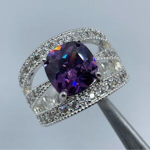 Swarovski Elements Amethyst Purple Crystal Ring Silver Statement Band New Sz 7
